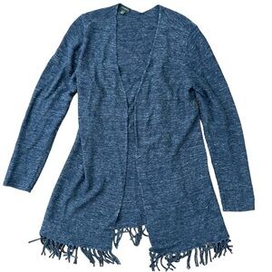 TALBOTS Dark Blue Open Front Long Cardigan Sweater Medium Fringed Hem Long Line